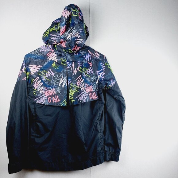 Nike Girl's Black Sportswear Abstract Print Long Sleeve Windrunner Jacket Size L - Picture 3 of 11
